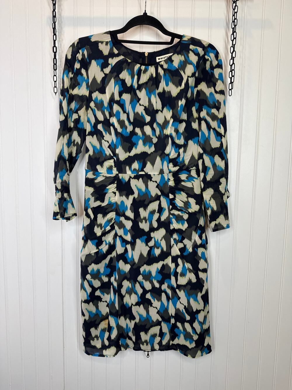 Whistles Silk Dress Black Green Blue Ruched Sheath Office Career Size 6